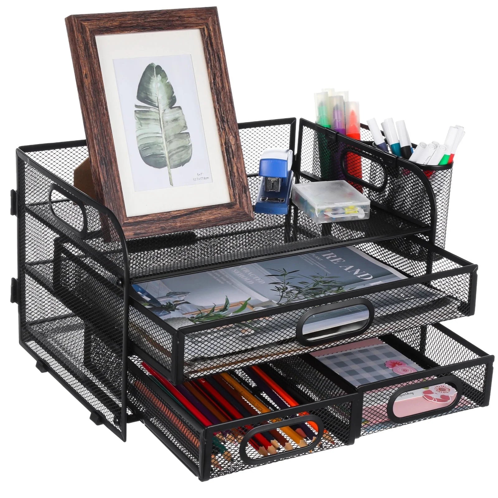 3-Tier Desk Organizer with Pen Holders, Mesh Desktop Storage for Office Supplies and Magazines, Black