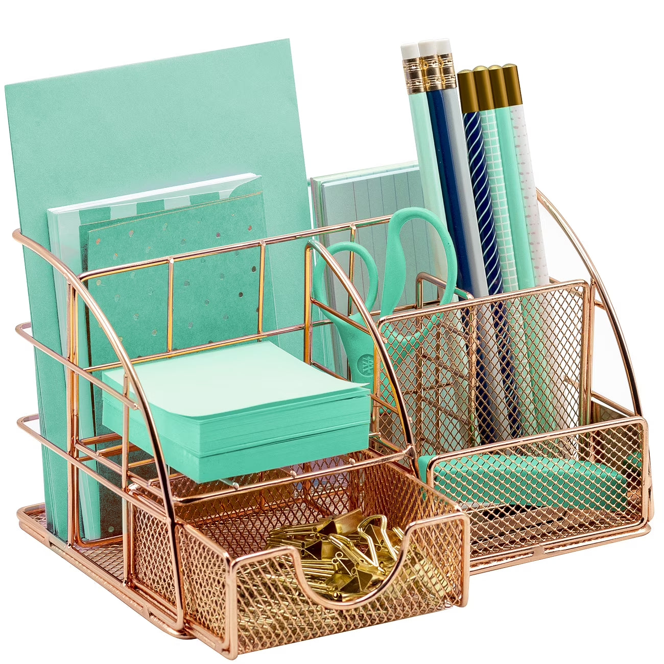 Rose Gold Desk Organizer: Pen Holder, Mail Caddy, with Drawer for Office or Home