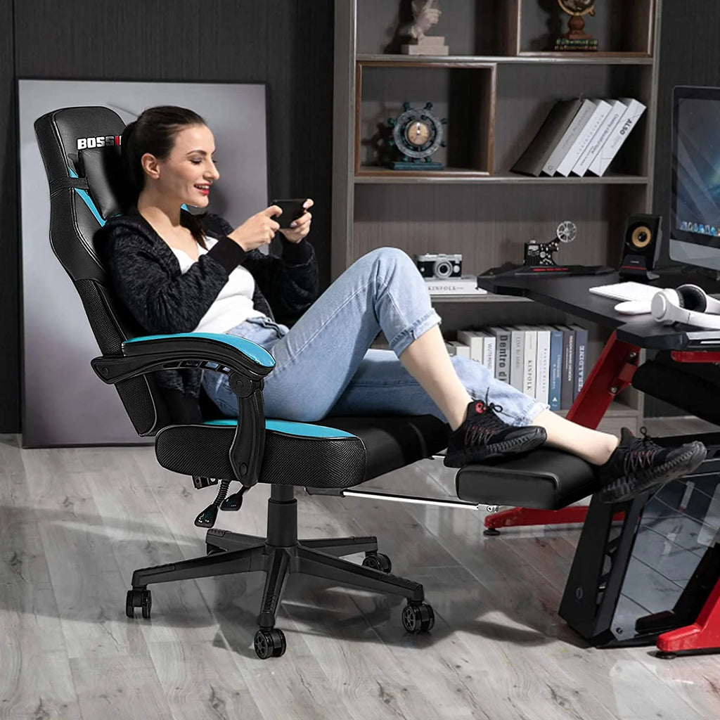 Gaming Chairs with Footrest, Massage Leather Game Chair for Adults, Big and Tall Gamer Chair with Headrest and Lumbar Support
