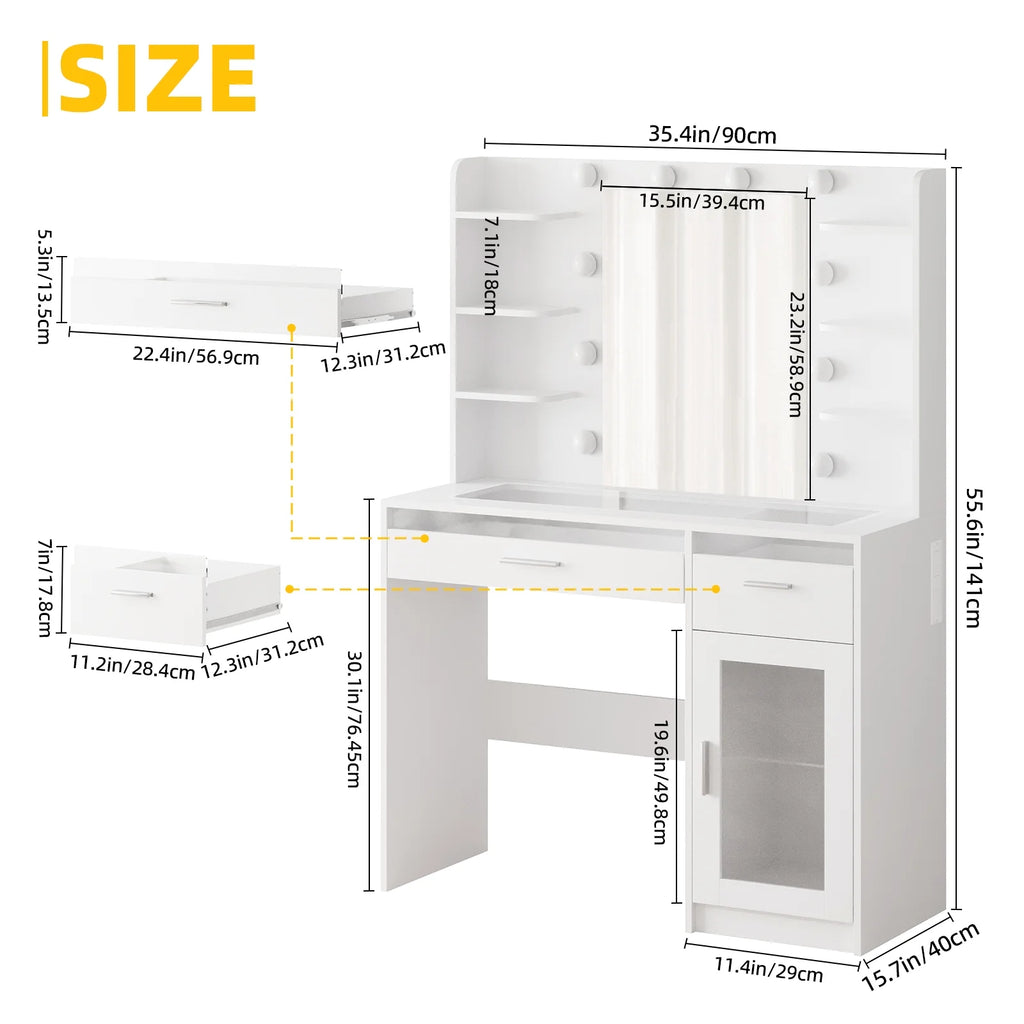 White Vanity Desk with Mirror & Lights, Power Outlet, 3 Colors, 2 RGB Drawers, 6 Shelves