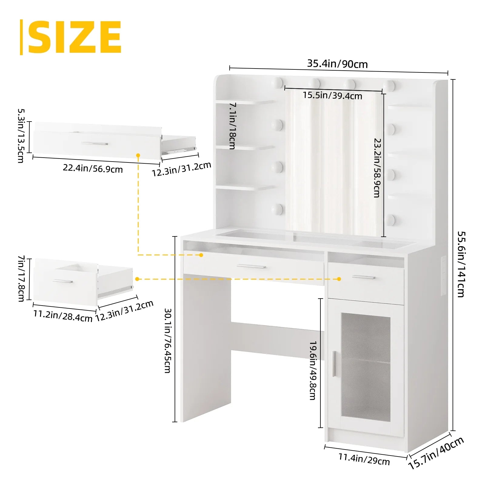 White Vanity Desk with Mirror & Lights, Power Outlet, 3 Colors, 2 RGB Drawers, 6 Shelves