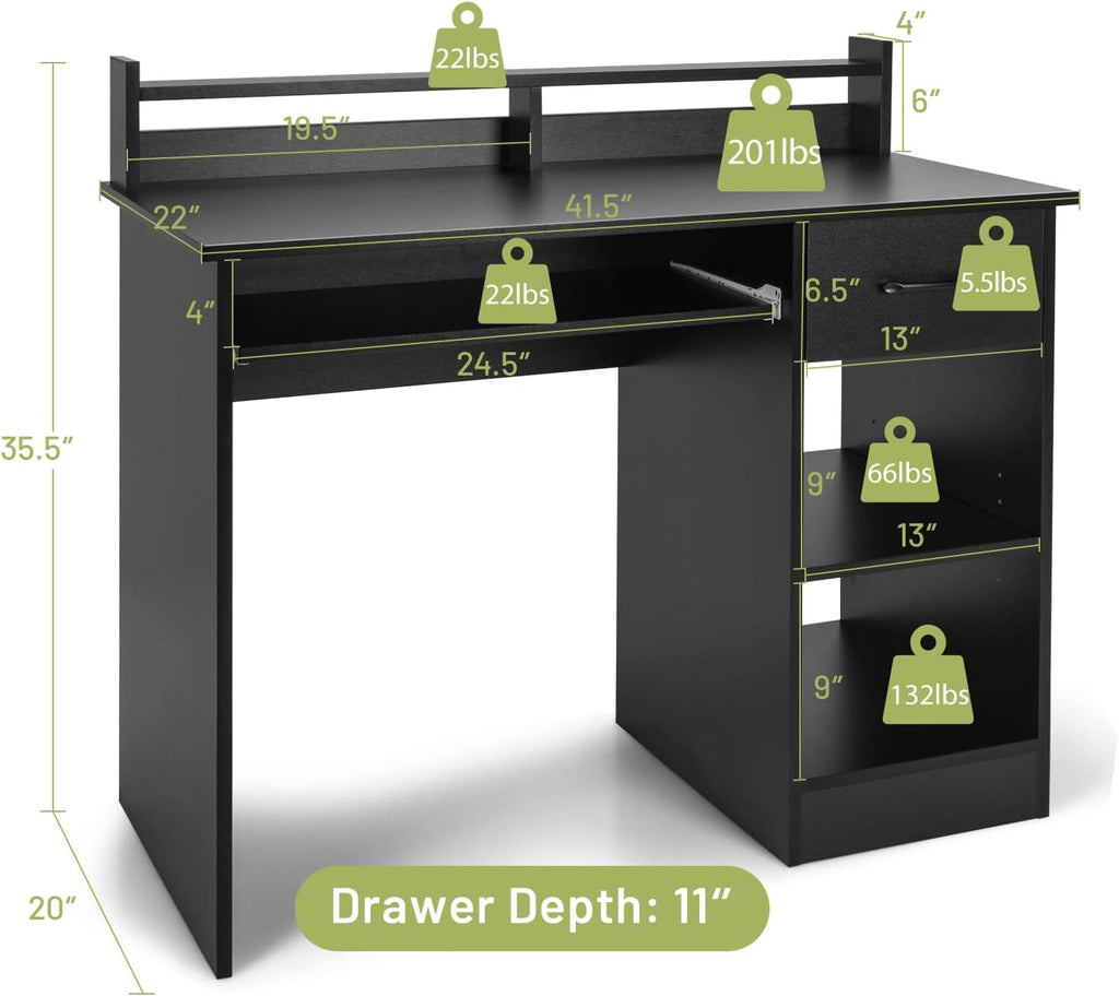 Computer Desk with Drawer & Keyboard Tray, Modern Study Writing Desk with Desktop Hutch & Storage Shelves, Home Office Wooden PC Laptop Desk, Desk for Bedroom