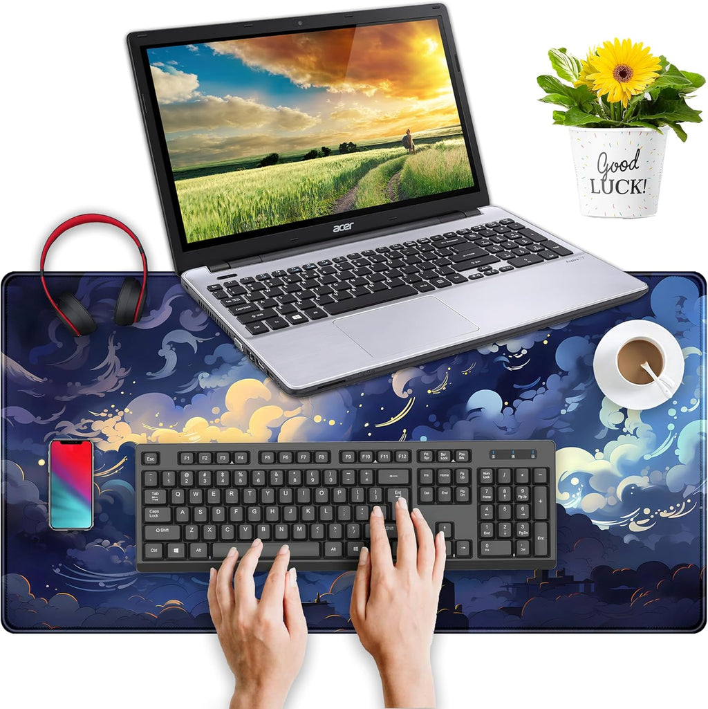 Blue Clouds Desk Mat Large XXL Gaming Mouse Pad Non-Slip Rubber Base Mousepad, Cool Office Desktop Decor Desk Pad, Computer Laptop Keyboard and Mouse Mat with Stitched Edges, 31.5X15.75 In