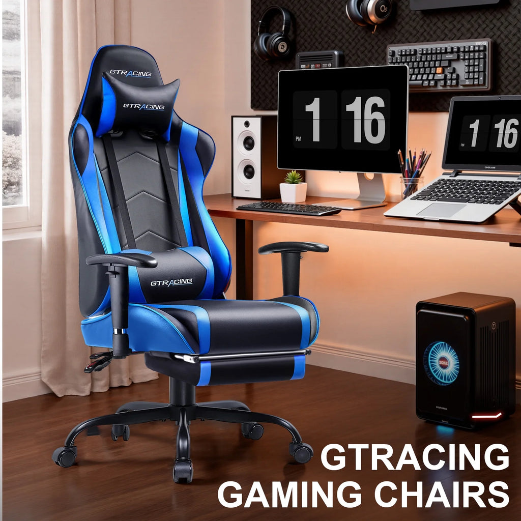 Gaming Chair Office Chair PU Leather with Footrest&Adjustable Headrest,Blue