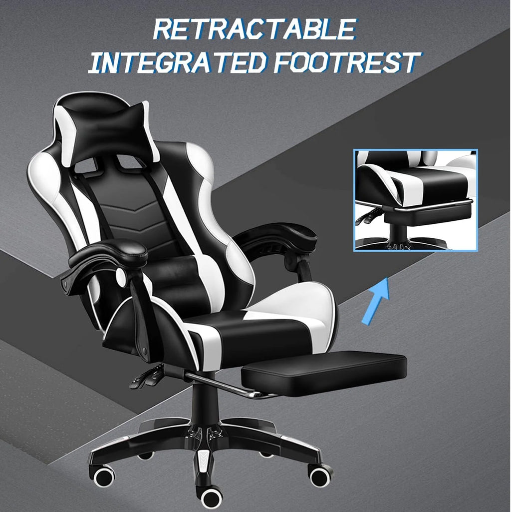 Gaming Chair with Adjustable Footrest, High Back Office Chair with Lumbar Support & Adjustable Headrest Video Game Chairs for Adults Black