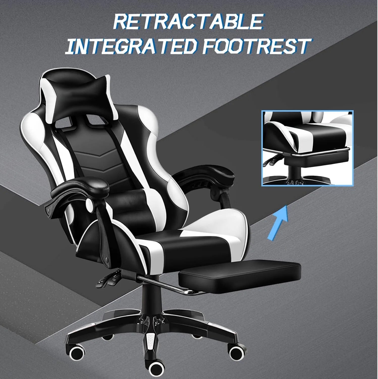 Gaming Chair with Adjustable Footrest, High Back Office Chair with Lumbar Support & Adjustable Headrest Video Game Chairs for Adults Black