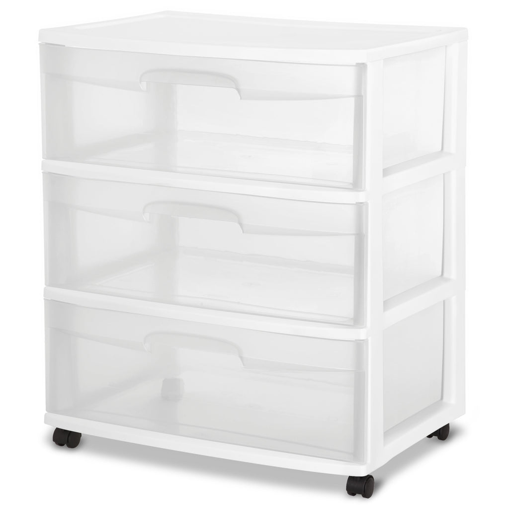 Wide 3 Drawer Cart, Clear Plastic Storage Drawers, Wheels Included, White
