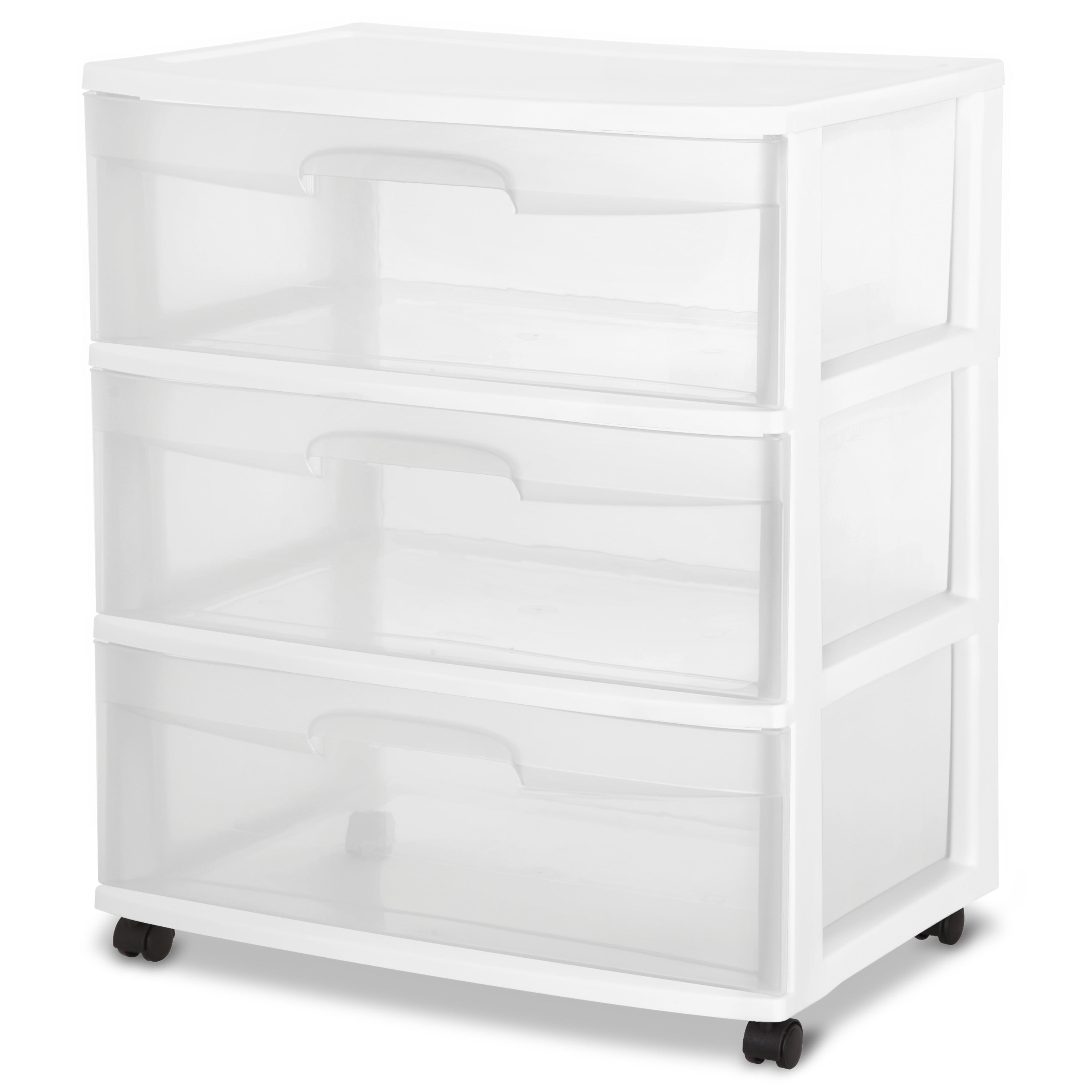 Wide 3 Drawer Cart, Clear Plastic Storage Drawers, Wheels Included, White