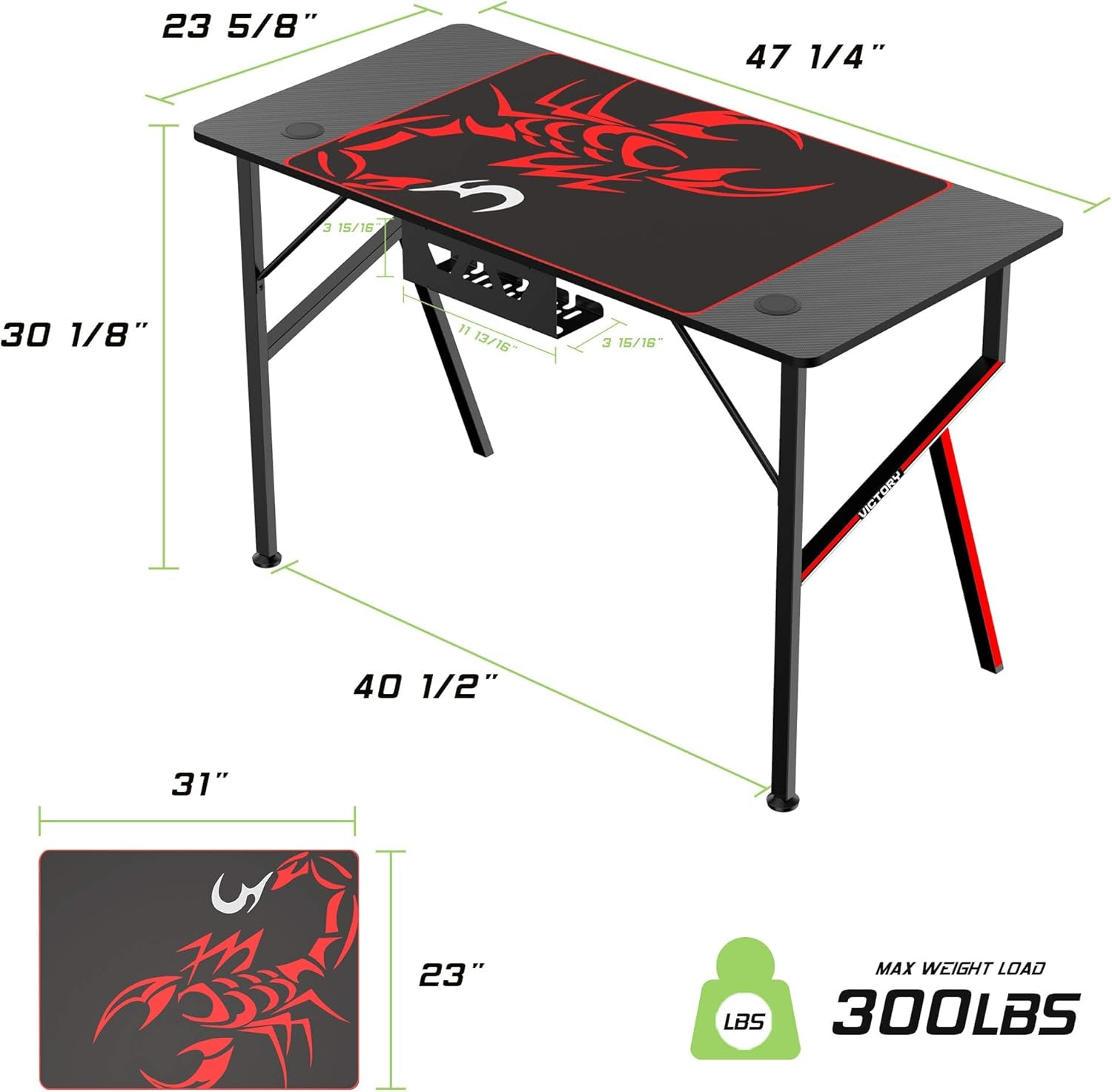 EE  Gaming Desk Office Desk Computer Desk Home Table 47 Inch Desk with Mouse Pad Headset Hook Cup Holder Controller Stand, Black