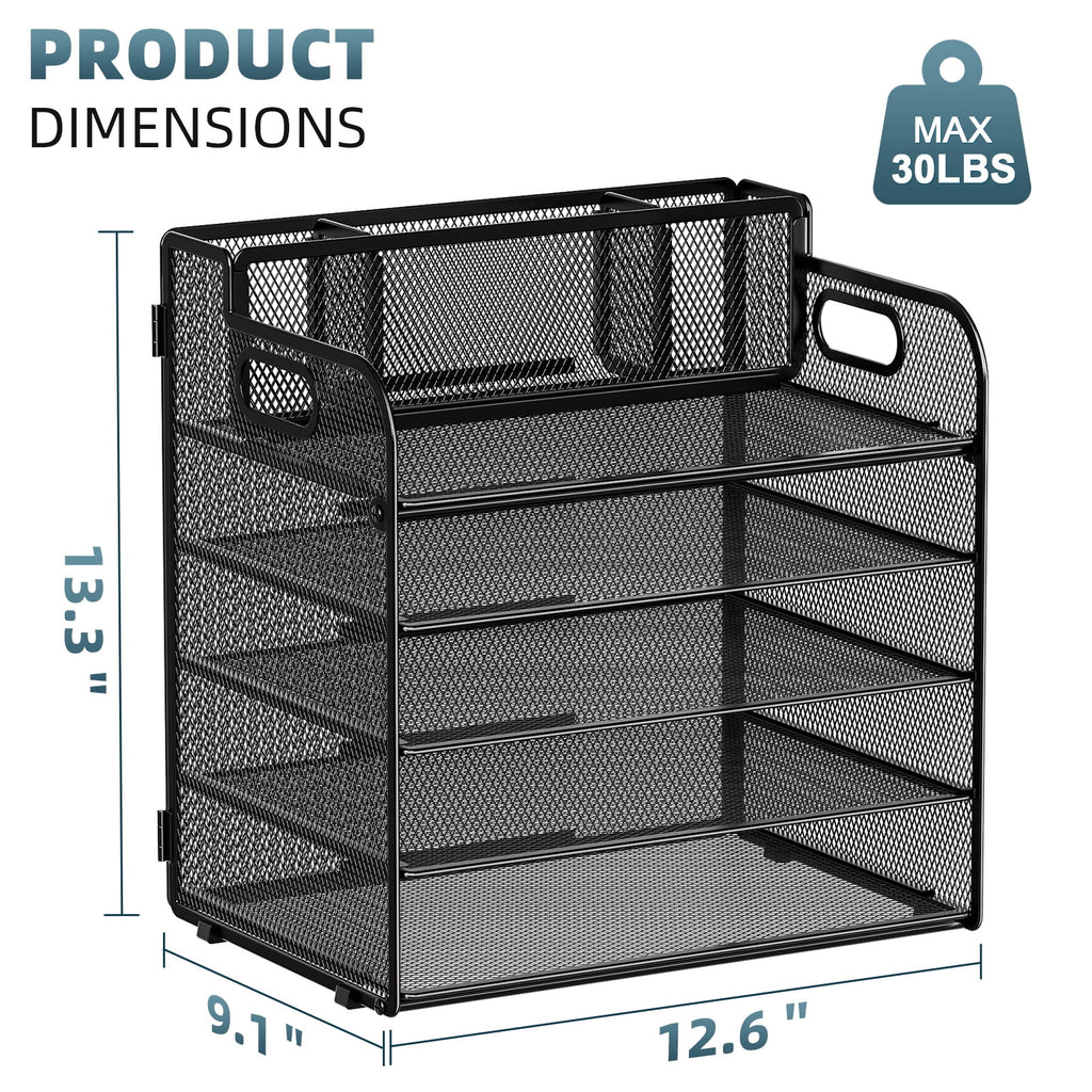 5-Tier Paper Letter Tray Organizer with Pen Holder, Mesh Desk Organizer with Handle
