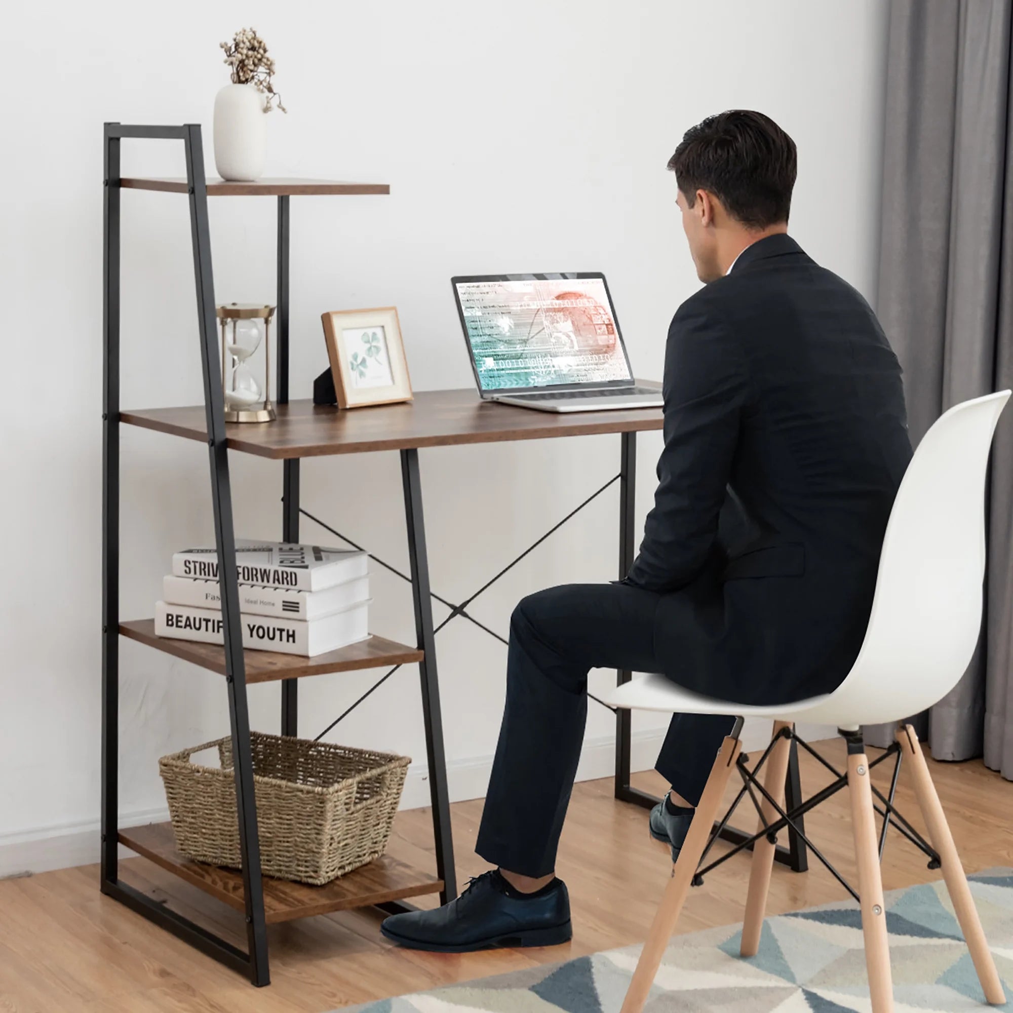Modern Computer Desk with 3-Tier Storage Shelf CPU Stand Metal Frame for Bedroom