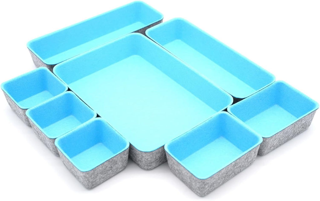 Drawer Organizers Bins Dividers Storage Trays Shallow Organizing Box for Office Supplies Makeup Nightstand Catchall Key Holder Cozy Room Decor 8-Piece (Baby Blue)