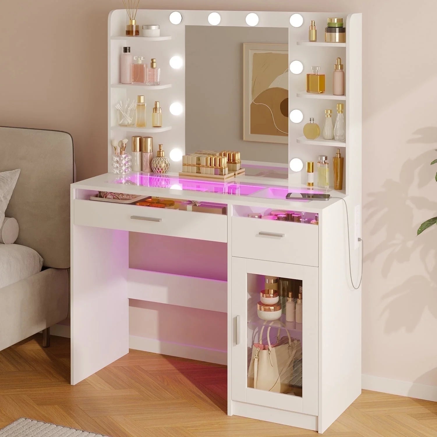 White Vanity Desk with Mirror & Lights, Power Outlet, 3 Colors, 2 RGB Drawers, 6 Shelves