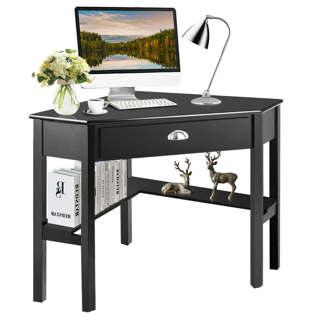 Triangle Computer Desk Corner Office Desk Laptop Table W/ Drawer Shelves Rustic Black