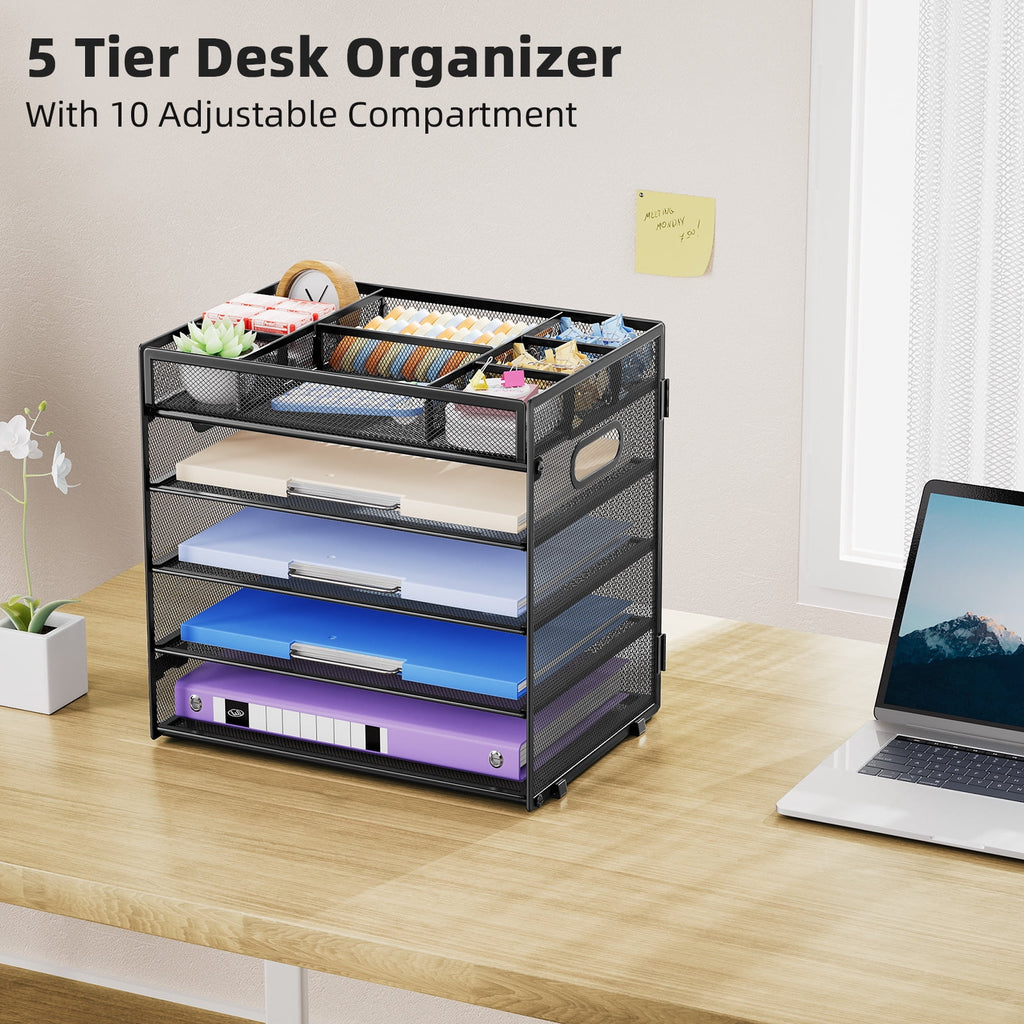 Multi-Functional Desk Organizer Tray, 5 Tier Paper Letter Tray Organizer ,Mesh Desktop Organizer and Storage with 8 Compartments for Office Supplies-Black