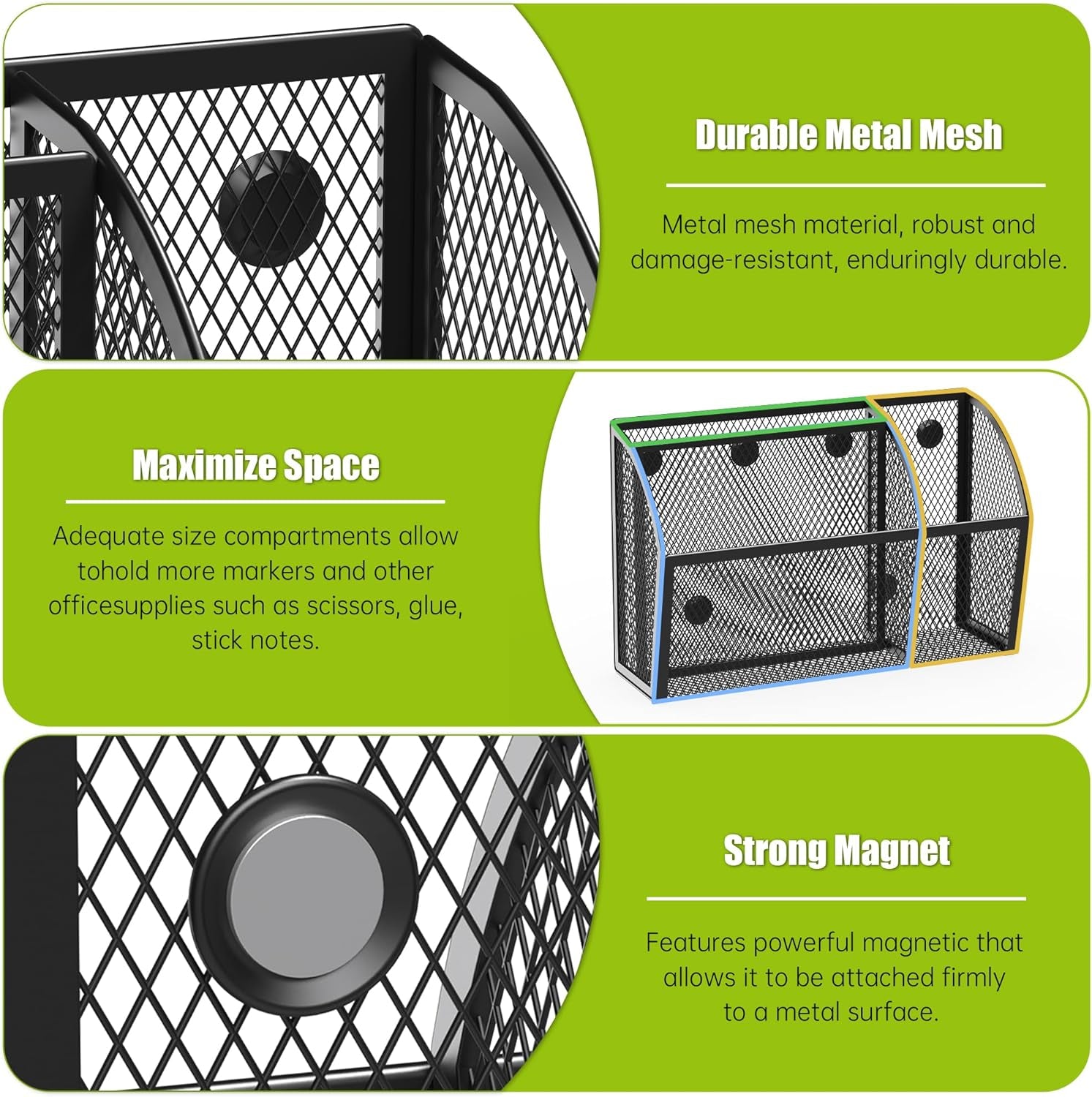 Strong Magnetic Pen Holder for Whiteboard and Refrigerator 3 Compartments Metal Mesh Organizer Space Saving Shelf for Office School Home and Locker - Black