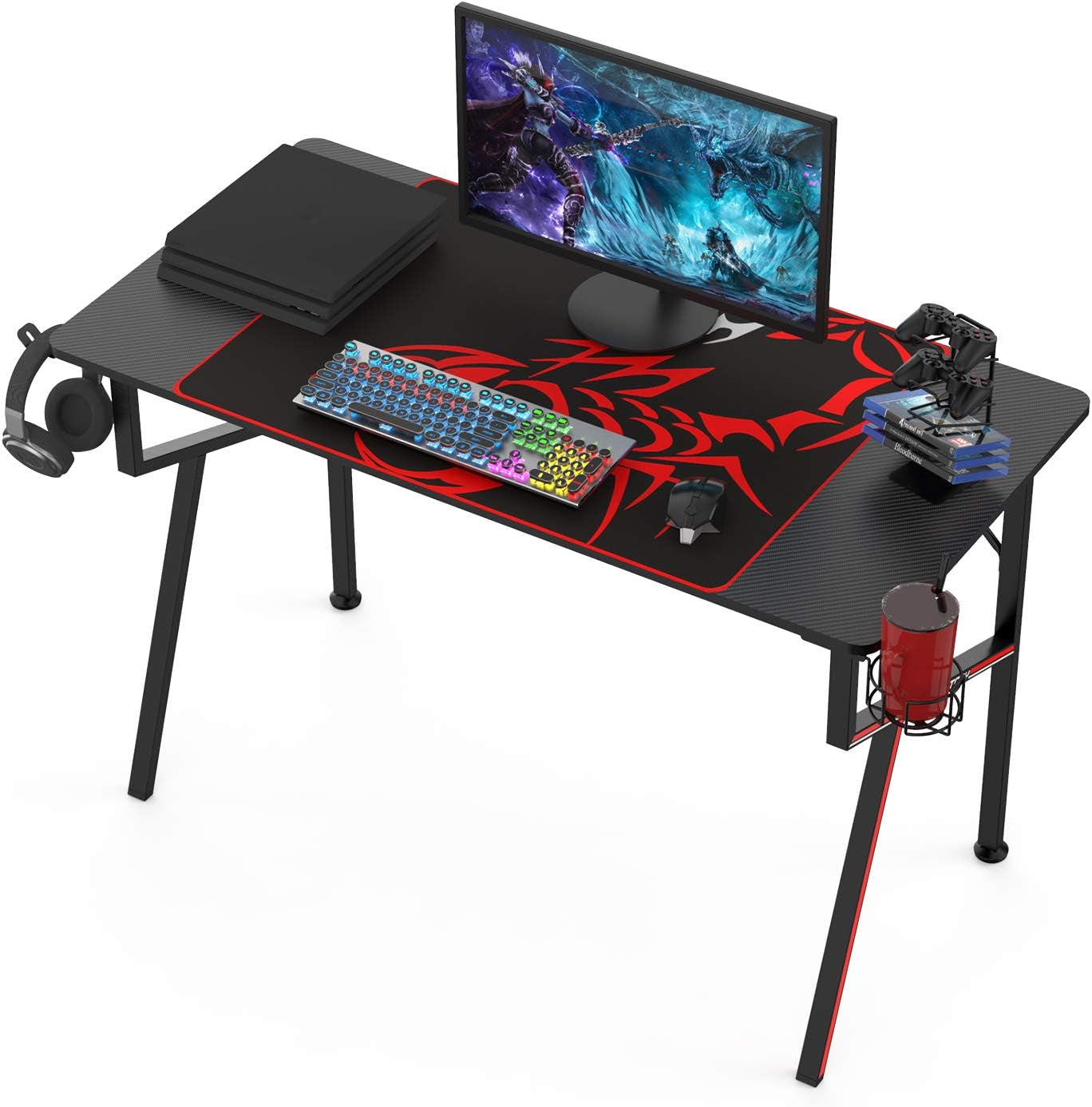 EE  Gaming Desk Office Desk Computer Desk Home Table 47 Inch Desk with Mouse Pad Headset Hook Cup Holder Controller Stand, Black
