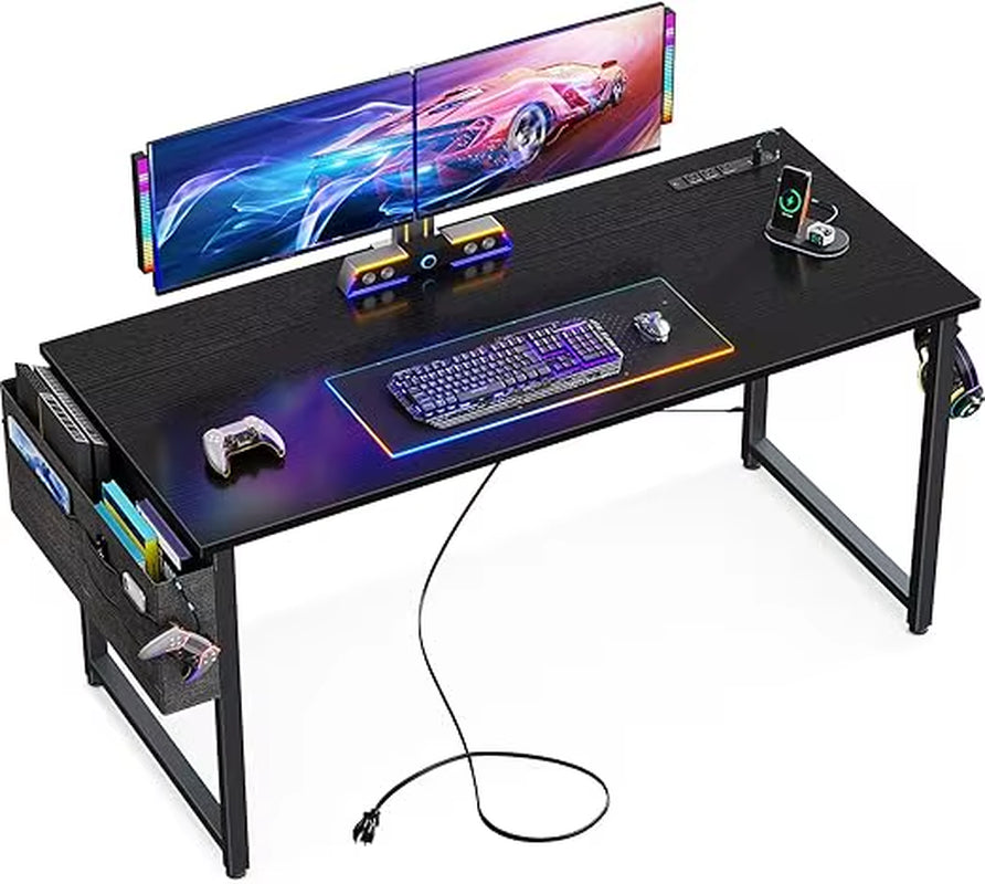 Small Desk with Power Outlets and USB Port - Modern Home Office Gaming Desk with Storage