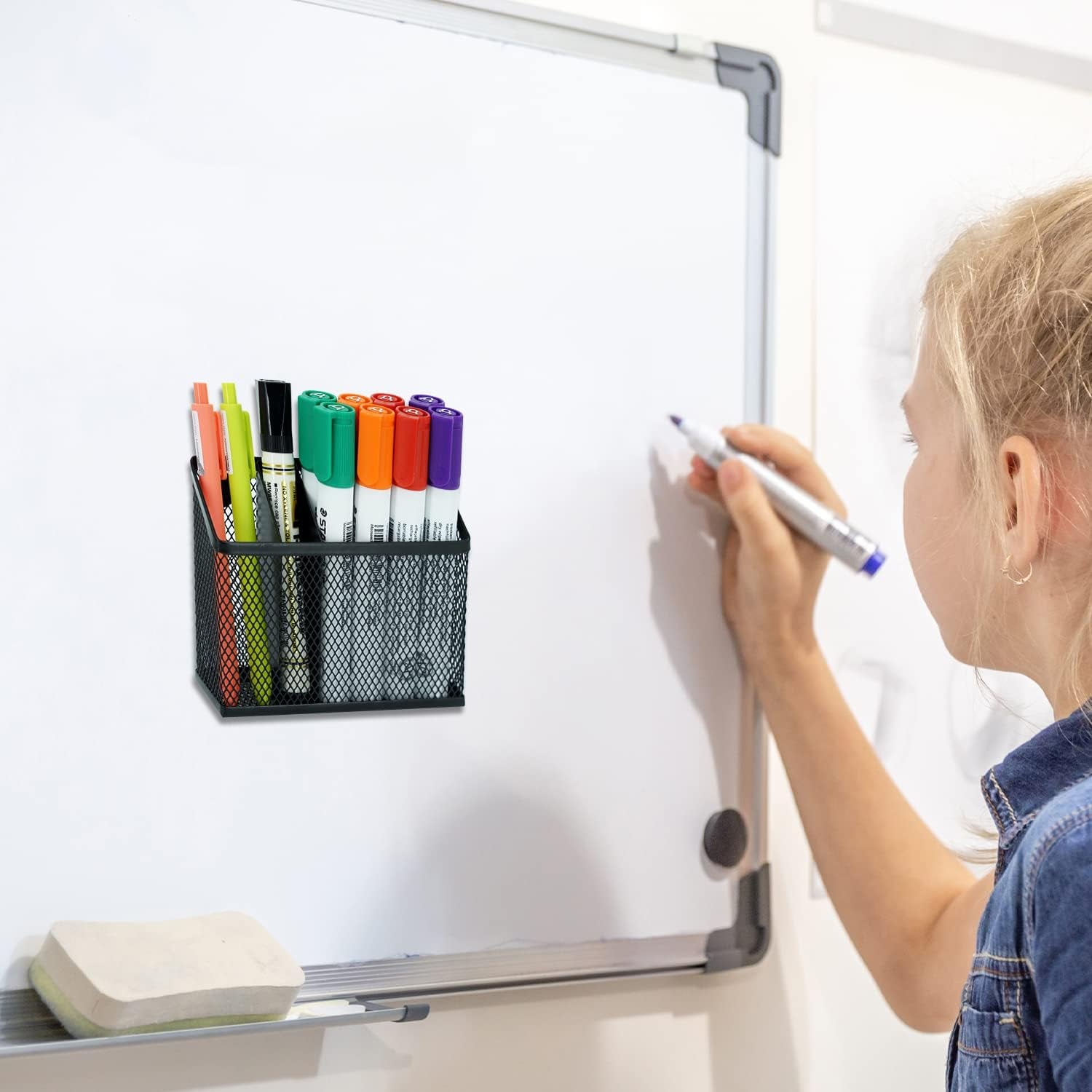 Magnetic Pen Holder,Magnetic Storage Basket for Refrigerator, Locker, Magnetic Dry Erase Marker Holder for Whiteboard, Pack 2 (Black)