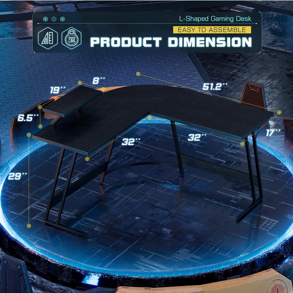 L-Shaped Gaming Desk 51 Inches Corner Office Gaming Desk with Removable Monitor Riser, Classical Black