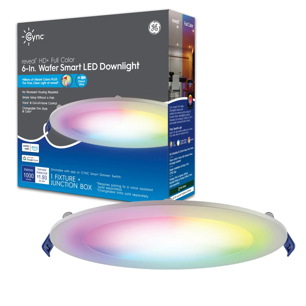 GE Cync Reveal Hdplus Wafer Smart LED Downlight, Color Changing Wifi Lights, 6In, 16 Watts, 1 Pack