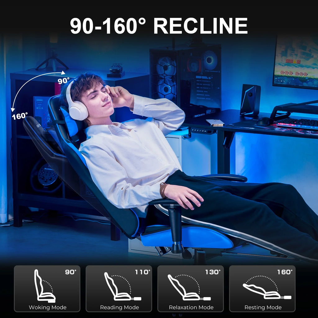 Gaming Chair Office Chair PU Leather with Footrest&Adjustable Headrest,Blue