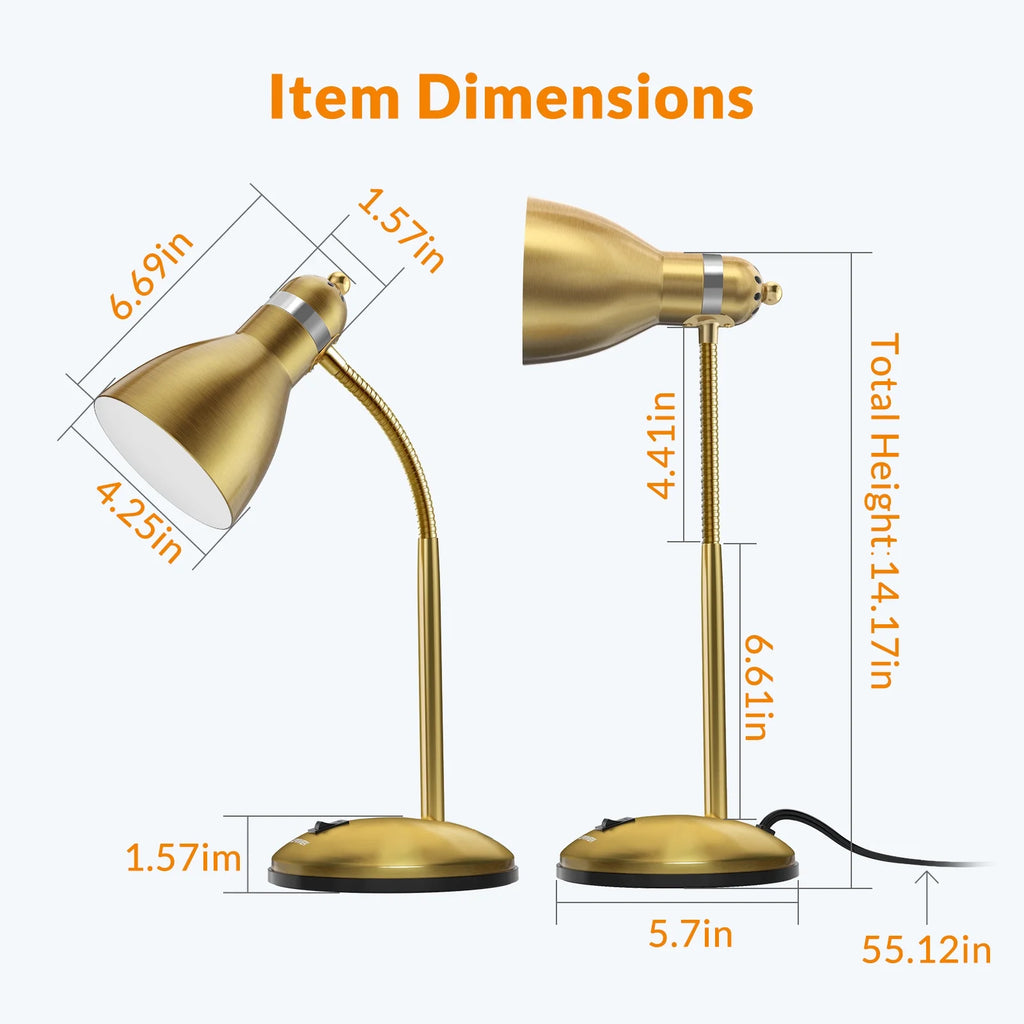 Metal Desk Lamp, Adjustable Gooseneck Table Lamp for Home, Office, Bedroom, Gold