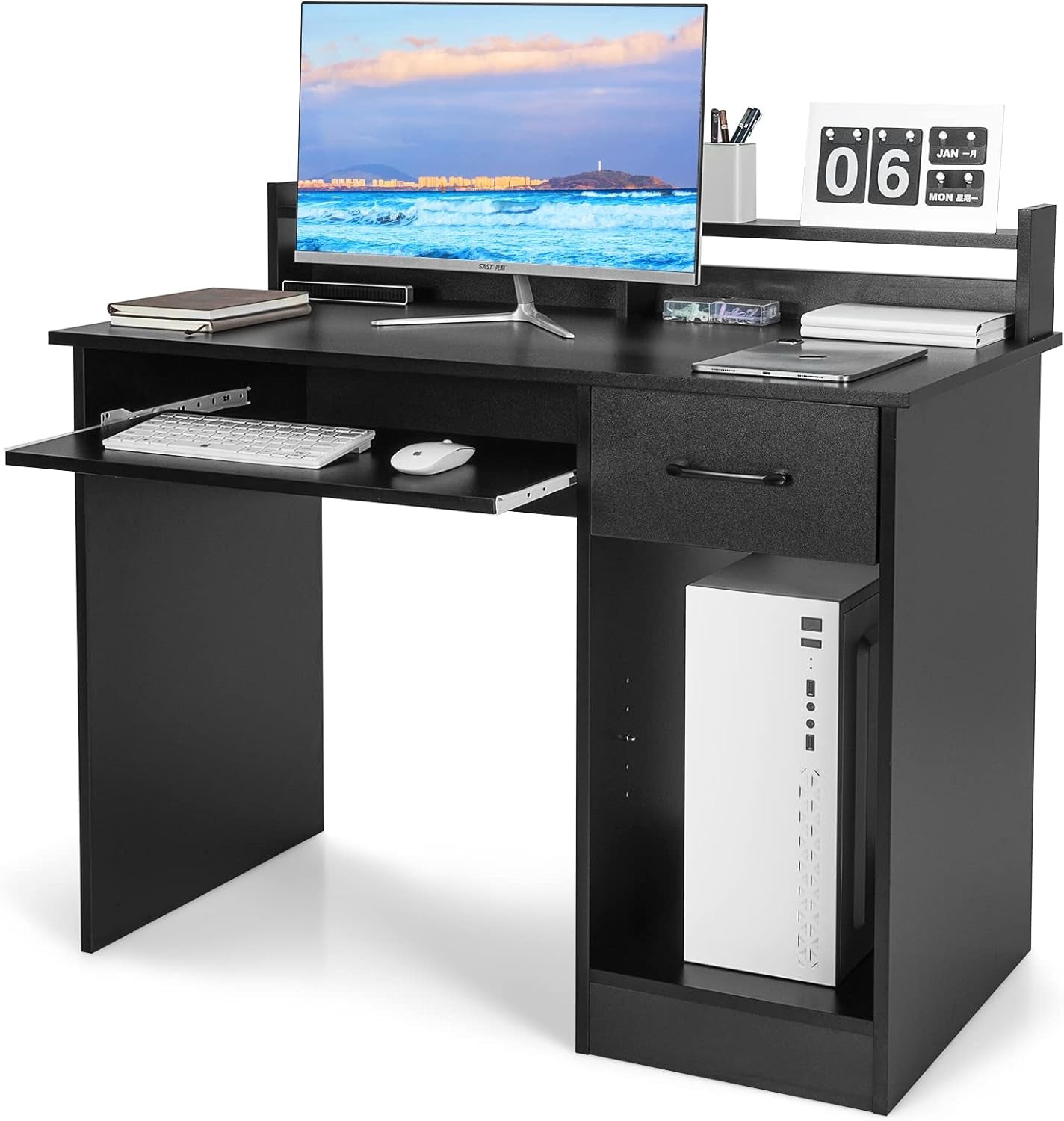 Computer Desk with Drawer & Keyboard Tray, Modern Study Writing Desk with Desktop Hutch & Storage Shelves, Home Office Wooden PC Laptop Desk, Desk for Bedroom