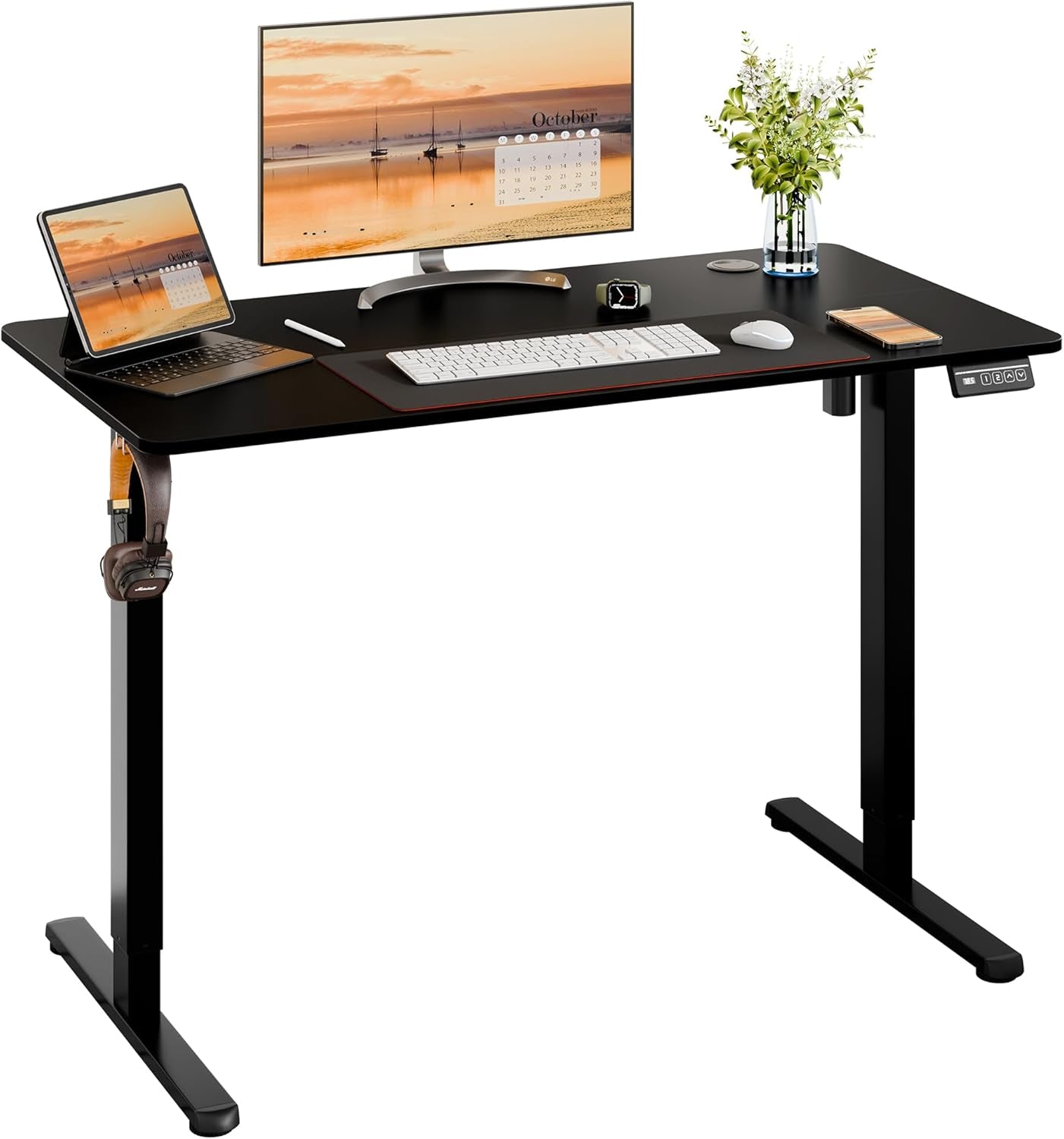 Electric Standing Desk, Height Adjustable Desk 48 X 24 Inch Sit Stand up Desks, Computer Desks with Memory Preset, Splice Tabletop, Black Frame and Black Top
