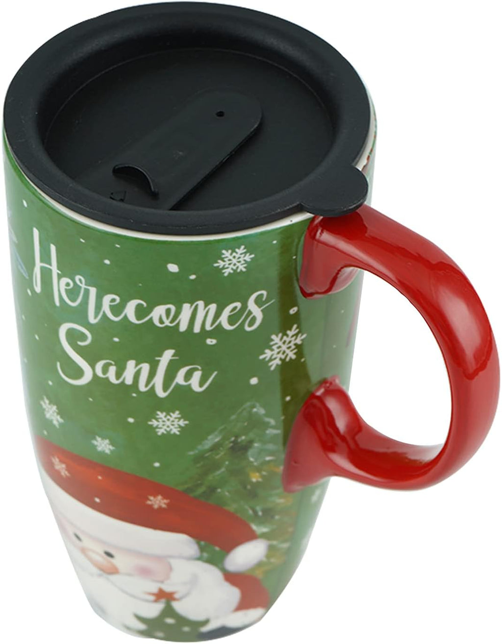 Christmas Ceramic Mug Coffee Cup with Sealed Lid and Gift Box Latte Mug, 17Oz. Here Comes Santa Claus