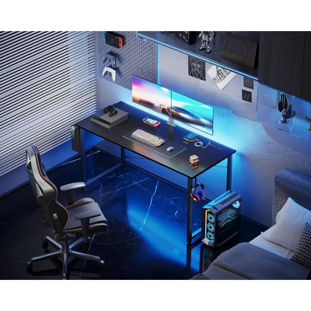 Small Desk with Power Outlets and USB Port - Modern Home Office Gaming Desk with Storage