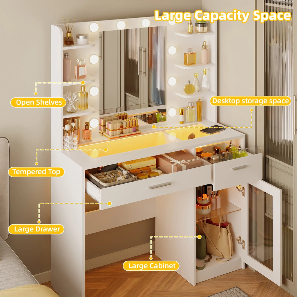 White Vanity Desk with Mirror & Lights, Power Outlet, 3 Colors, 2 RGB Drawers, 6 Shelves