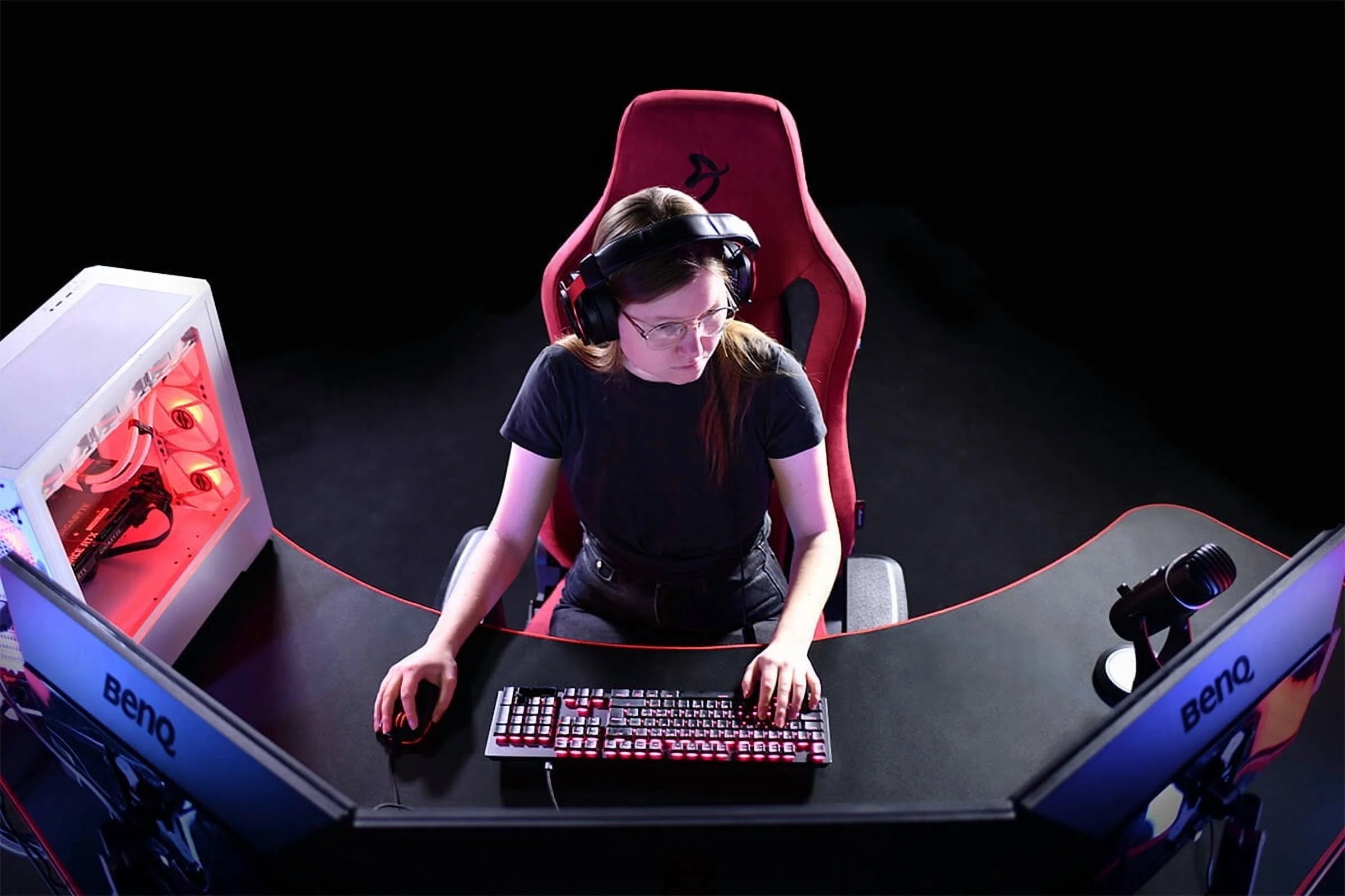 Arena Angelo L Shaped Gaming Desk, PC Gaming Desk L Shape, Height Adjustable L Shaped Standing Desk for Home Office, Computer Desk with Full Coverage Mouse Pad (Pure Black)