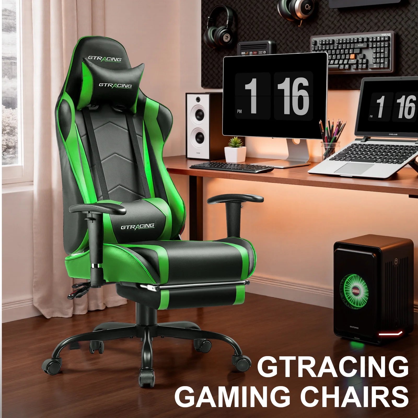 Gaming Chair Office Chair PU Leather with Adjustable Headrest and Lumbar Pillow, Green