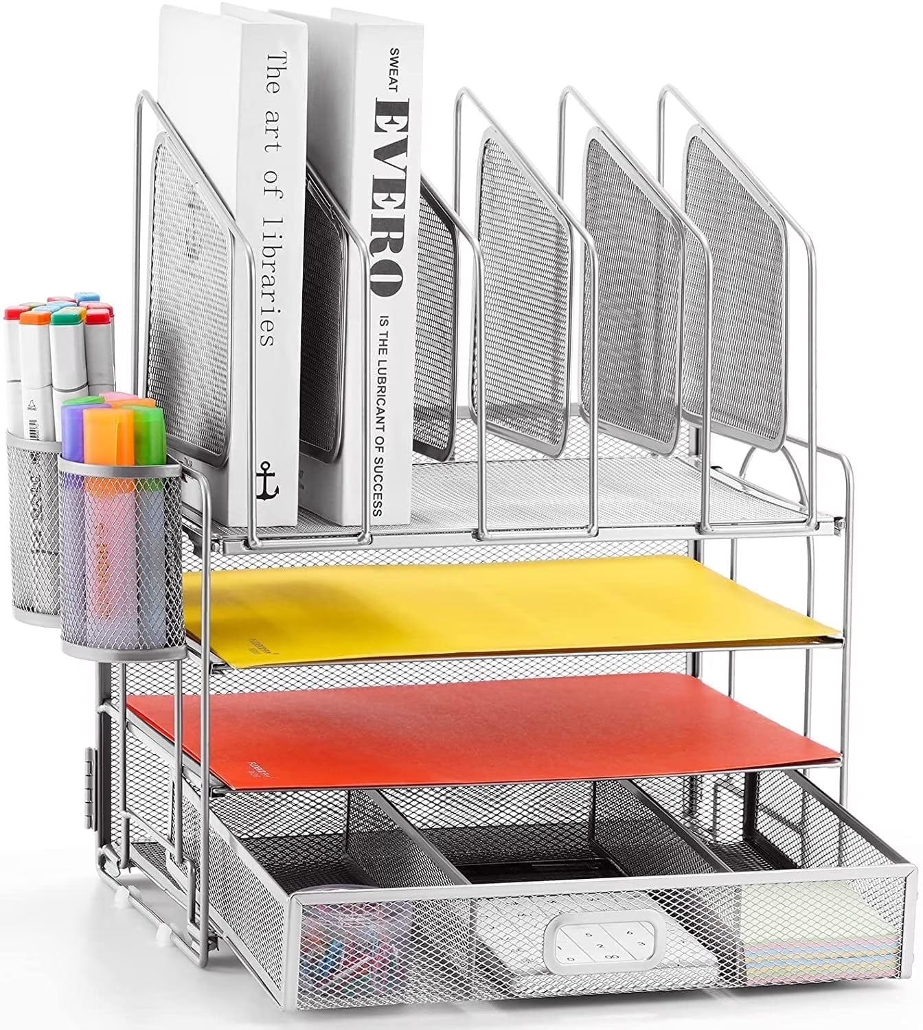 Desk Organizer with Drawer, 4-Tier Mesh Desk File Organizer with 5 Vertical File Holders and 2 Pen Holders, Multifunction Desktop Organizer