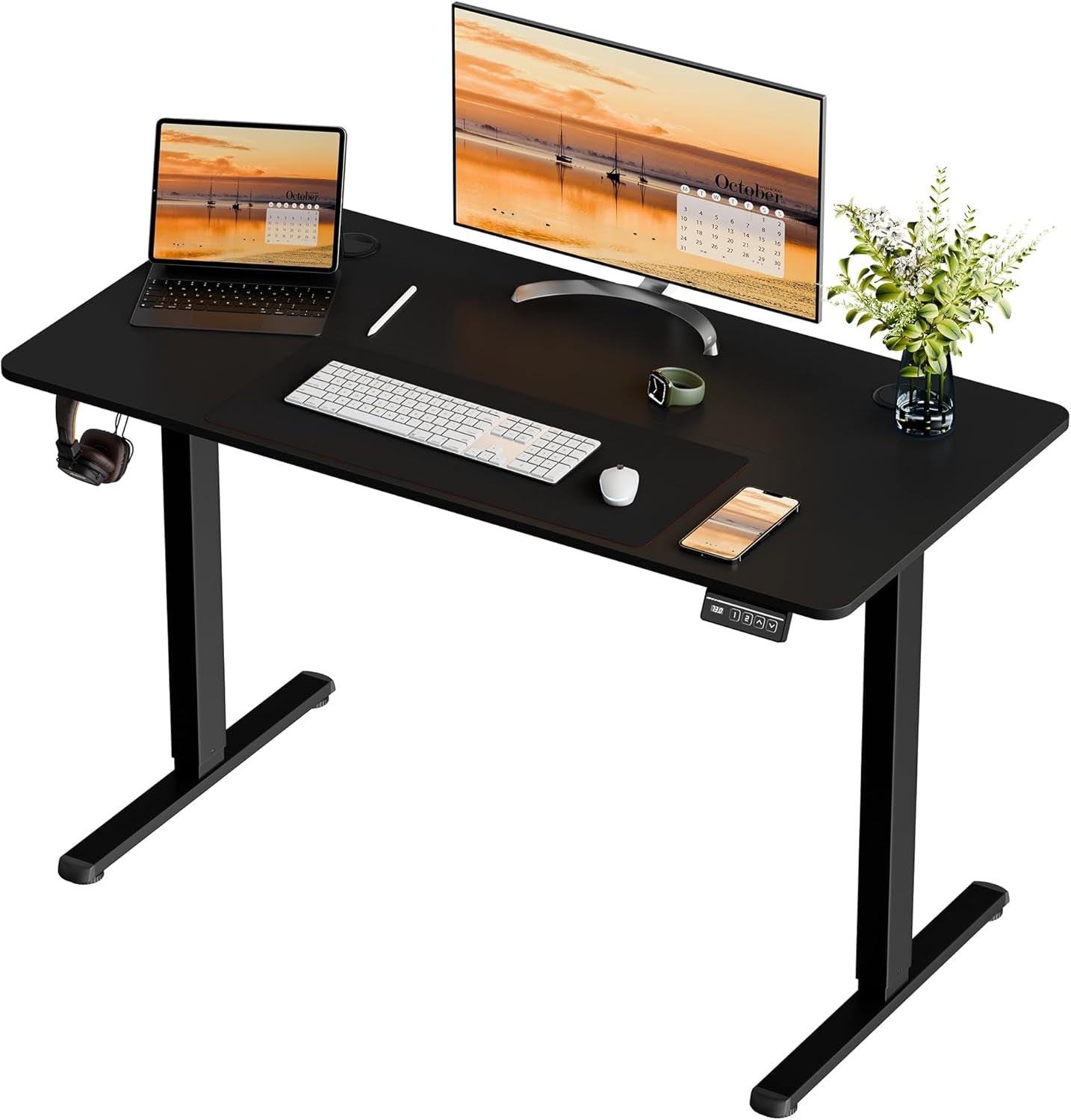 Electric Standing Desk, Height Adjustable Desk 48 X 24 Inch Sit Stand up Desks, Computer Desks with Memory Preset, Splice Tabletop, Black Frame and Black Top