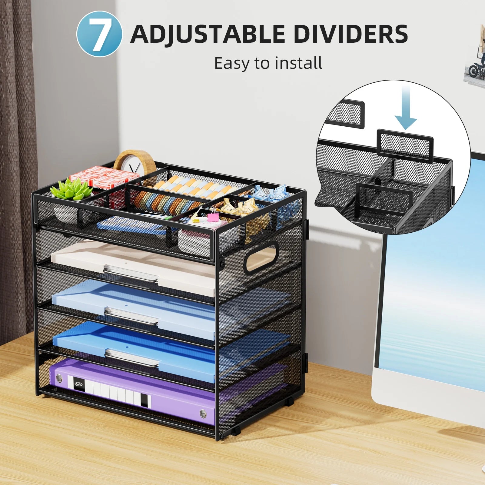 Multi-Functional Desk Organizer Tray, 5 Tier Paper Letter Tray Organizer ,Mesh Desktop Organizer and Storage with 8 Compartments for Office Supplies-Black