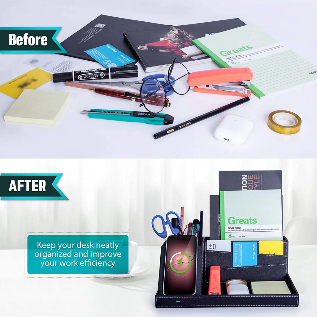 Desk Organizer with Wireless Charging for Iphone, PU Leather Valet Catchall Tray with Pencil Holder for Desk & Nightstand Organizer Home Office, 1 Pack