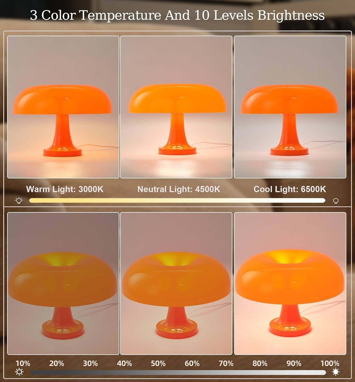 Retro Orange Mushroom Lamp for Bedroom Nightstand Mid Century Modern Table La...