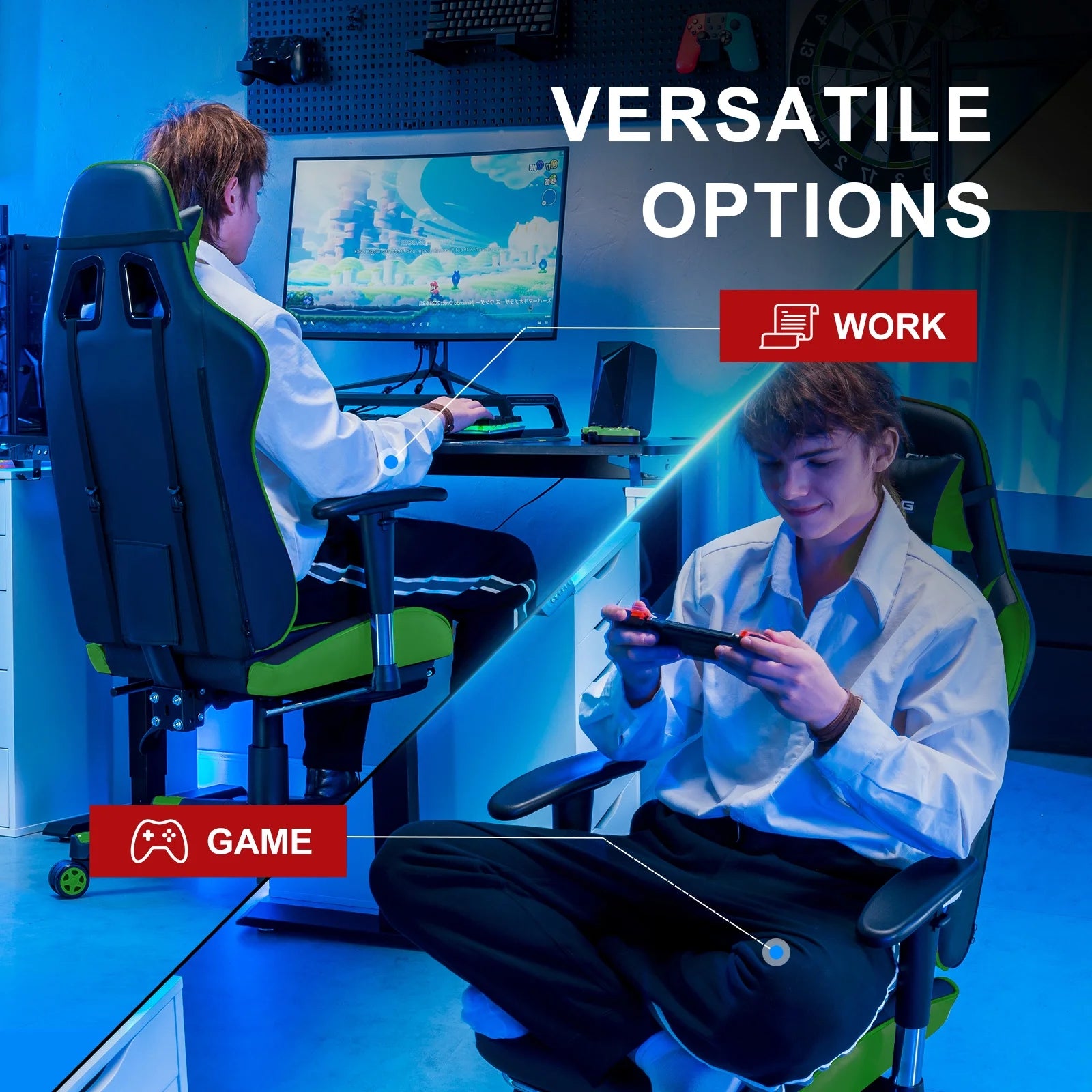 Gaming Chair Office Chair PU Leather with Adjustable Headrest and Lumbar Pillow, Green