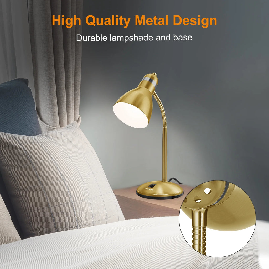 Metal Desk Lamp, Adjustable Gooseneck Table Lamp for Home, Office, Bedroom, Gold