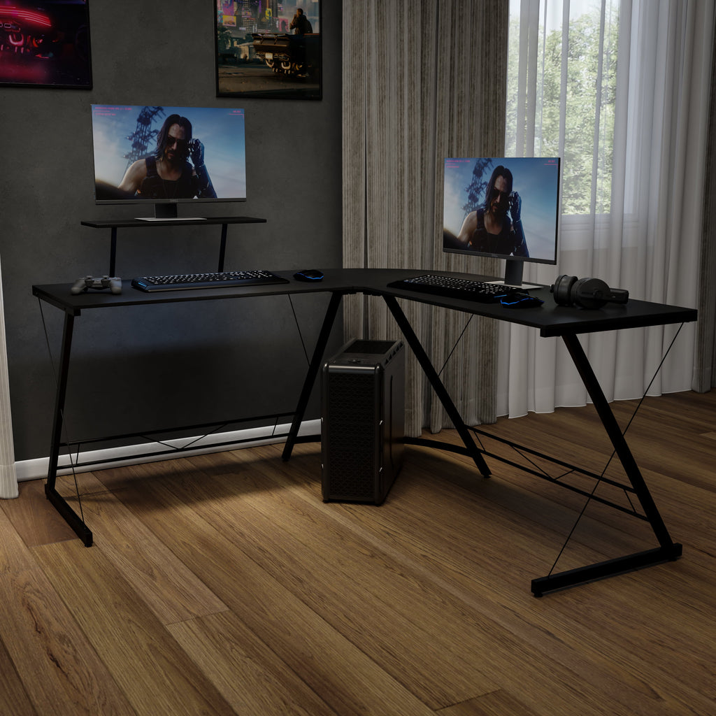 Ginny L-Shaped Desk 71.5" Computer Corner Desk, Home Office Corner Desk, Gaming Desk, Space Saving, Easy to Assemble, Black/Black
