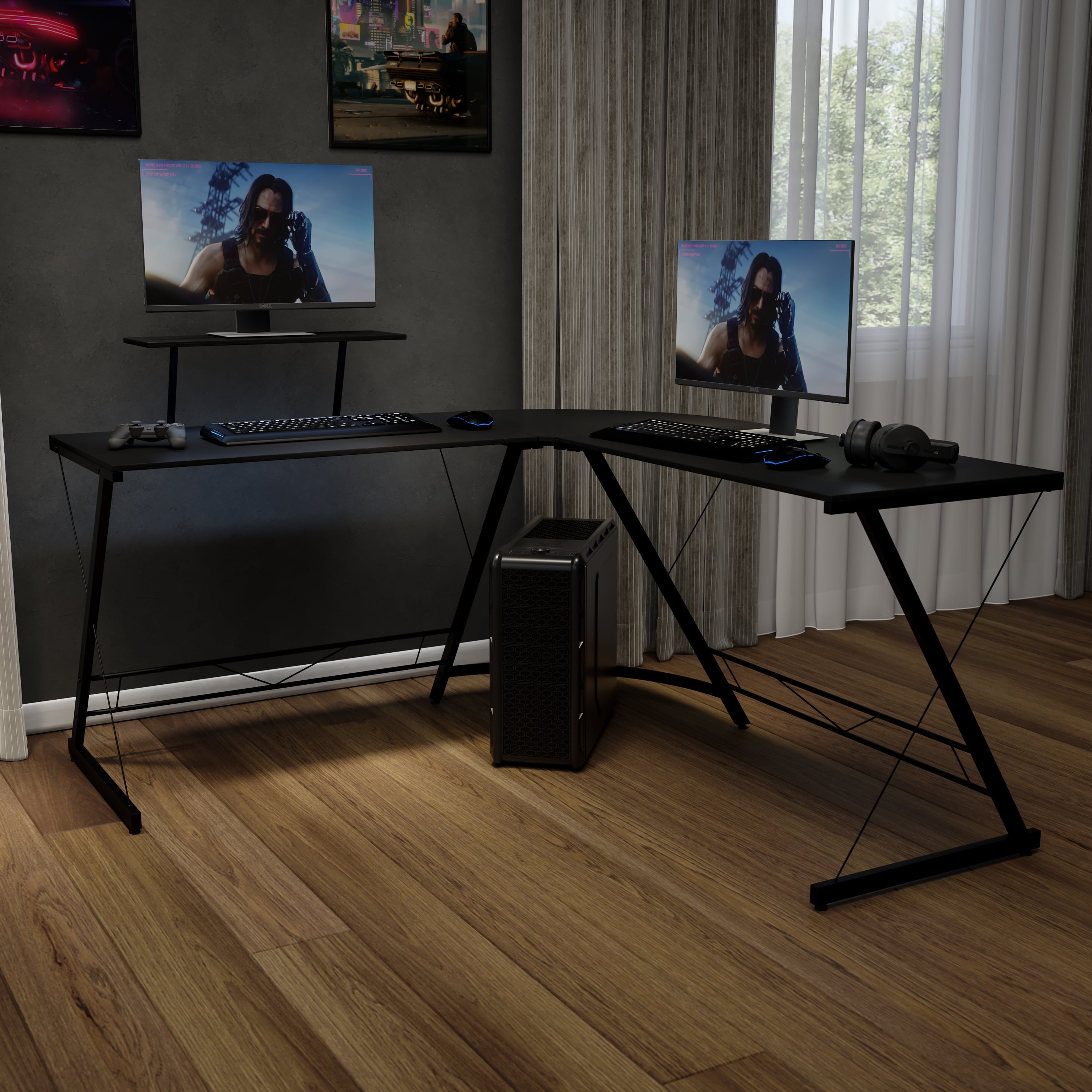 Ginny L-Shaped Desk 71.5" Computer Corner Desk, Home Office Corner Desk, Gaming Desk, Space Saving, Easy to Assemble, Black/Black