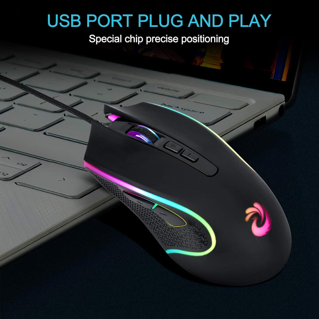 Wired Mouse - Black, USB, 7200 DPI, 4 Lighting Mode, Plug and Play, Ergonomic Design, Compatible with Windows/Mac
