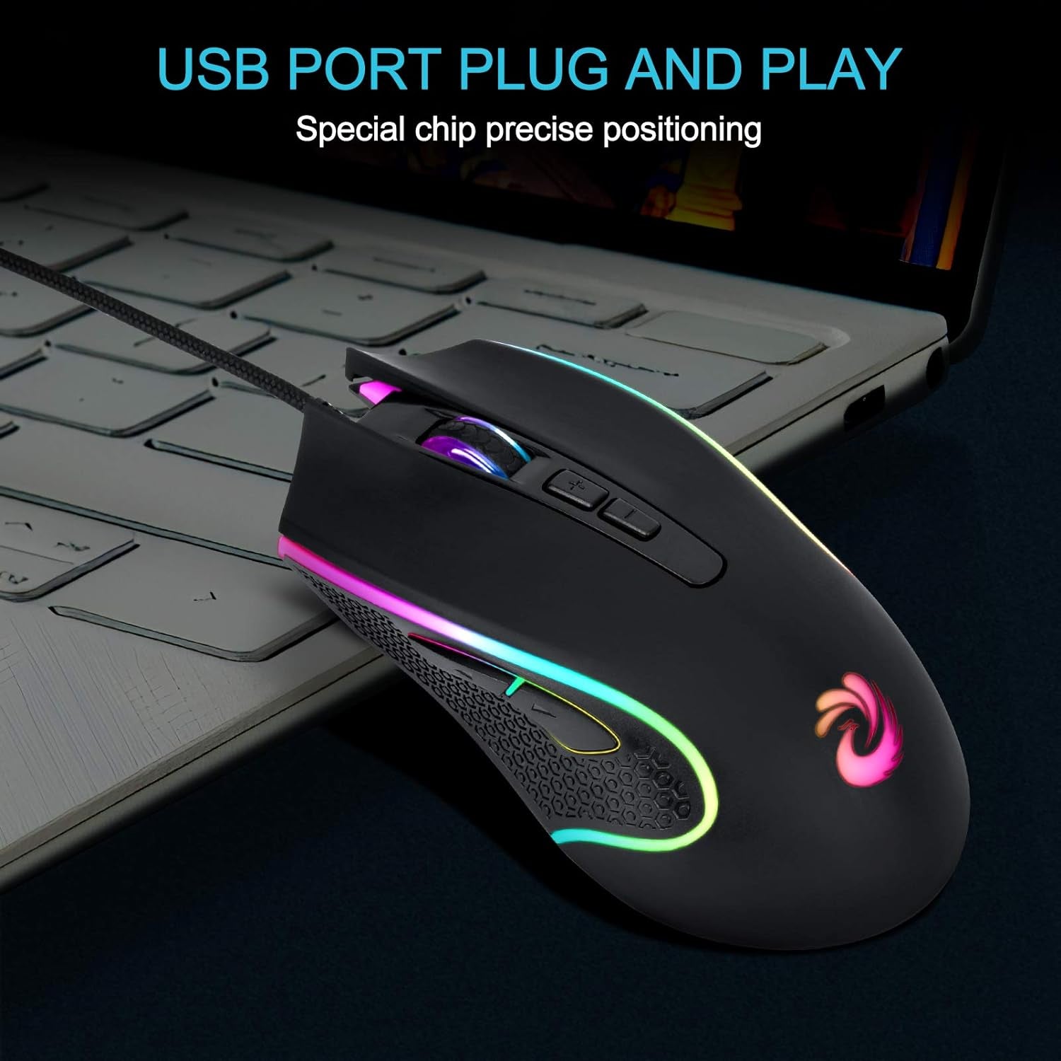 Wired Mouse - Black, USB, 7200 DPI, 4 Lighting Mode, Plug and Play, Ergonomic Design, Compatible with Windows/Mac