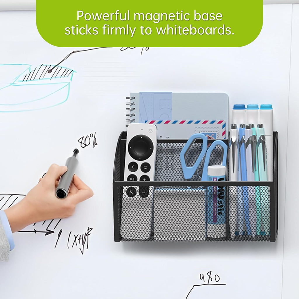 Strong Magnetic Pen Holder for Whiteboard and Refrigerator 3 Compartments Metal Mesh Organizer Space Saving Shelf for Office School Home and Locker - Black