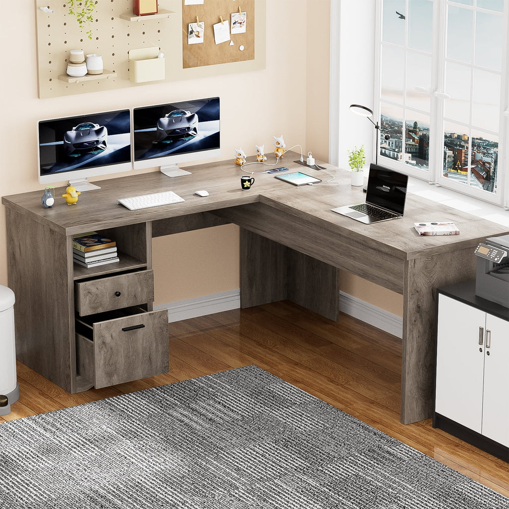 L Shaped Desk with Power Outlets and USB Charging Ports, Lift Top Corner Computer Desk with Drawer, Large Office Desk with Storage Shelves, L Shaped Standing Desk for Home Office, Wash Gray