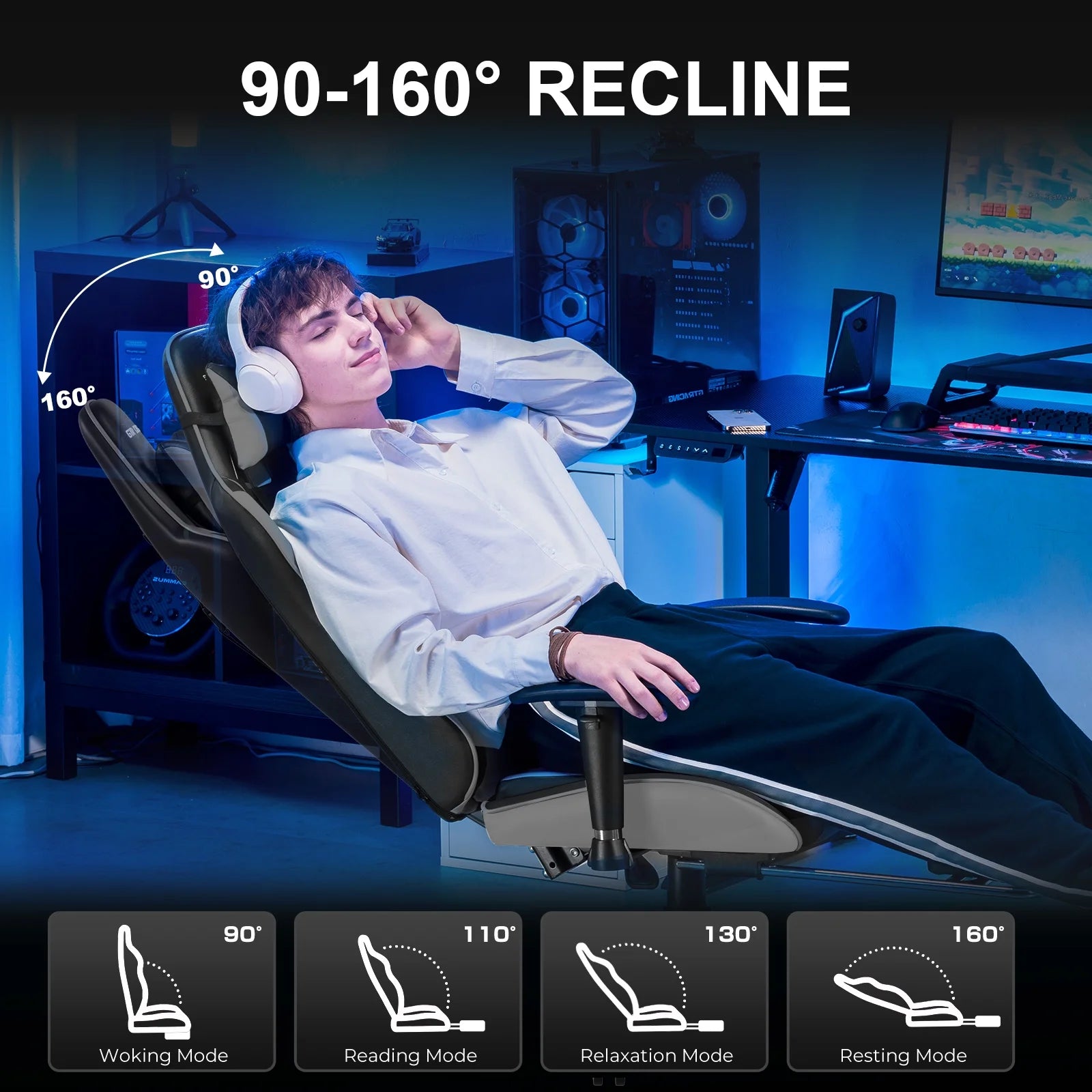 Gaming Chair with Footrest PU Leather Office Chair with Adjustable Headrest, Gray