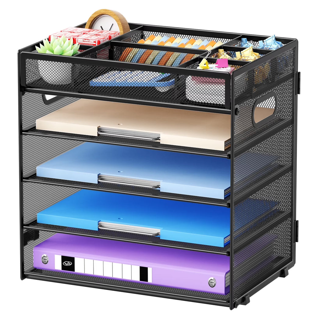 Multi-Functional Desk Organizer Tray, 5 Tier Paper Letter Tray Organizer ,Mesh Desktop Organizer and Storage with 8 Compartments for Office Supplies-Black
