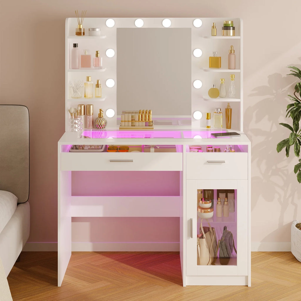 White Vanity Desk with Mirror & Lights, Power Outlet, 3 Colors, 2 RGB Drawers, 6 Shelves